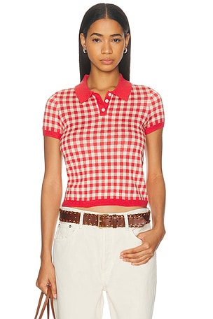 Guest In Residence Gingham Shrunken Polo Top in Red