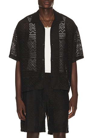 Honor The Gift Pointelle Crochet Camp Collar Shirt in Black