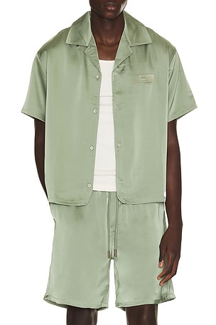 Honor The Gift Satin Chest Logo Camp Collar Shirt in Green