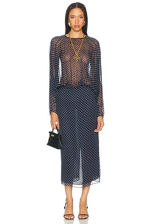 Helsa The Sabrina Midi Dress in Printed Silk Chiffon in Navy