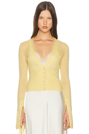 Helsa Bridgitte Lace Trim Cardigan in Yellow