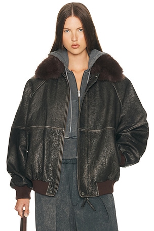 Helsa The Oversized Leather Bomber With Faux Fur Collar in Black