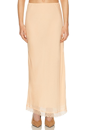 Helsa Viscose Satin Slip Skirt With Lace in Beige
