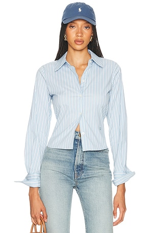 Helsa Stripe Poplin Fitted Shirt in Blue