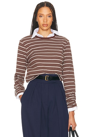 Helsa The Rib Long Sleeve Tee in Stripe in Brown