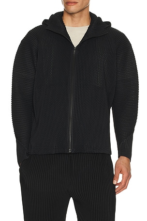 Homme Plisse Issey Miyake Wickerwork Mesh Full Zip Hooded Jacket in Black