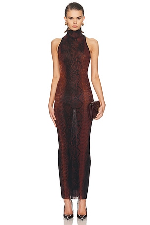 Jean Paul Gaultier Mesh High Neck Printed Python Long Dress in Black,Rust