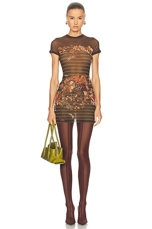 Jean Paul Gaultier Mesh Printed Marini&eacute;re Grape Short Dress in Dark Green,Brown