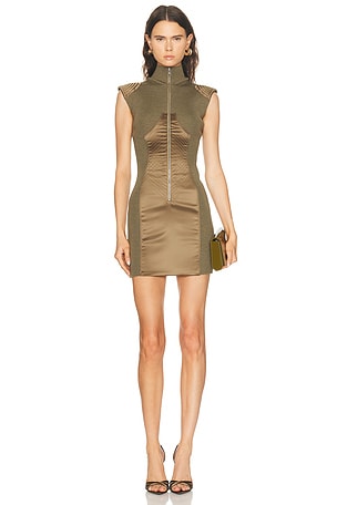 Jean Paul Gaultier Lingerie Satin Cut Out Zipped Short Dress in Olive