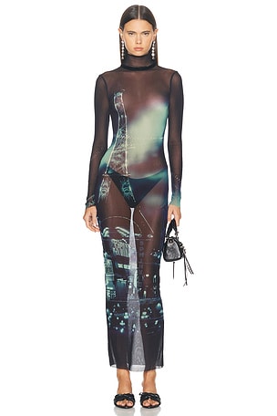 Jean Paul Gaultier Pigalle Turtleneck Mesh Long Printed Dress in Multi