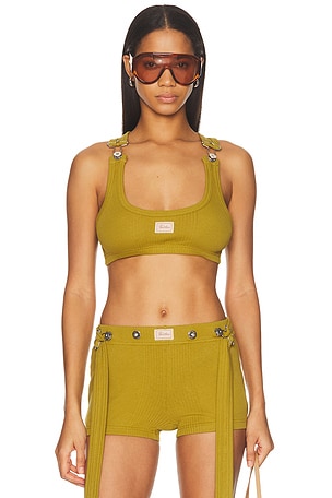 Jean Paul Gaultier Cotton Ribbed Bra Top in Olive,Mustard