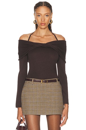 SIMKHAI Cambria Long Sleeve Off Shoulder Top in Brown