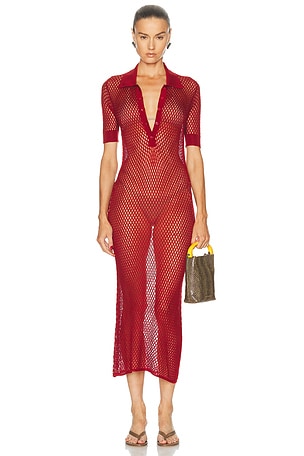 Kiki de Montparnasse Silk Crochet Polo Dress in Red