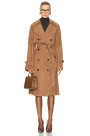 L'Academie By Marianna Dara Suede Trench Coat in Brown