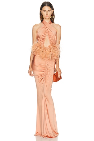 Lapointe Jersey Sleeveless Halter Ruched Gown With Feathers in Blush