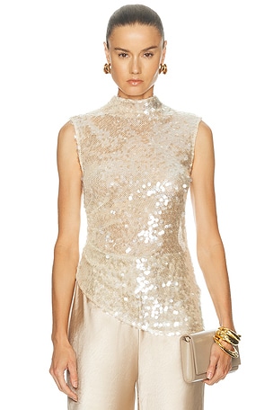LaPointe Mesh Sequin Mockneck Top in Beige