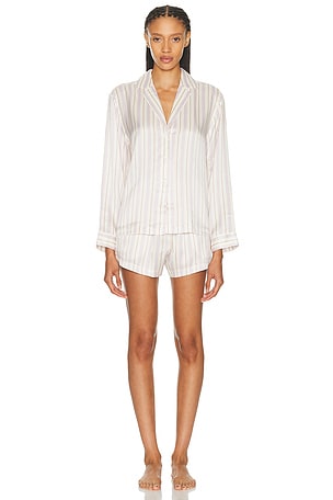 LUNYA Washable Silk Button Up Long Sleeve Short Set in White