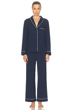 LUNYA Slumberknit Shawl Collar Pant Set in Navy