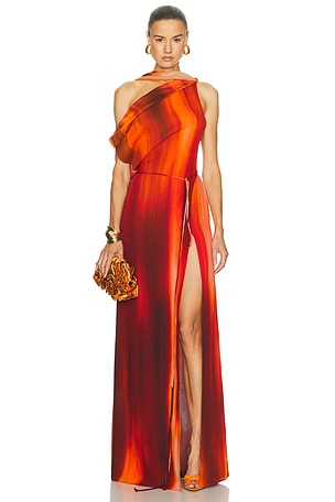 LaQuan Smith Asymmetrical Draped Scarf Dress in Red