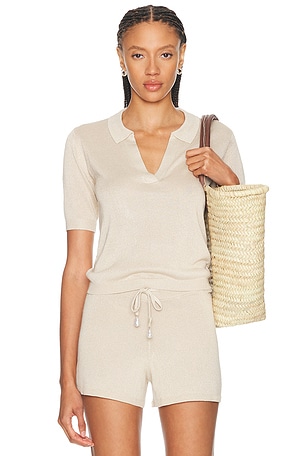 La Porte Odette Knit Polo Top in Metallic Neutral