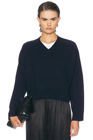 Loulou de Saison Anzor V-Neck Saddle-Sleeve Sweater in Navy