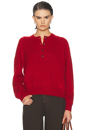 Loulou de Saison Malo Oversized Saddle-Sleeve Henley Sweater in Red M�lang� in Red