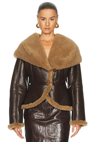 Magda Butrym Leather Shearling Hooded Jacket in Brown