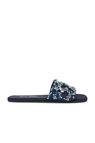 Miu Miu Ciabatte Tessuto Ricamo Slide in Inchiostro in Blue