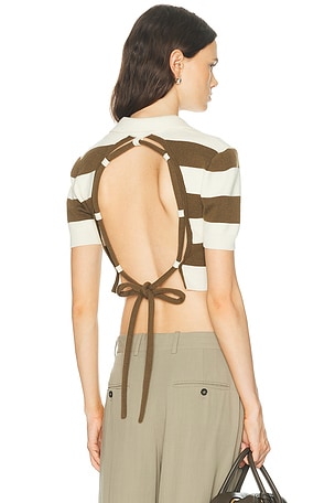 Monse Rope Laced Half Placket Knit Top in White,Brown