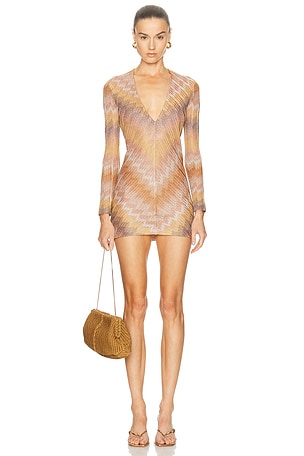 Missoni Long Sleeve Short Dress in Metallic Gold