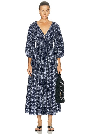 Matteau Shirred Plunge Button Dress in Blue