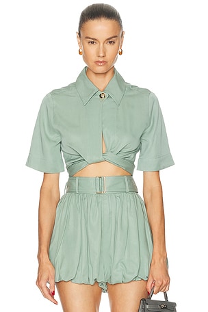 MATTHEW BRUCH Collared Wrap Top in Teal