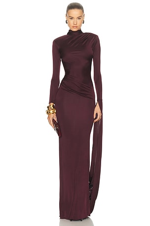 The New Arrivals by Ilkyaz Ozel Magna Long Trained Jersey Dress in Burgundy