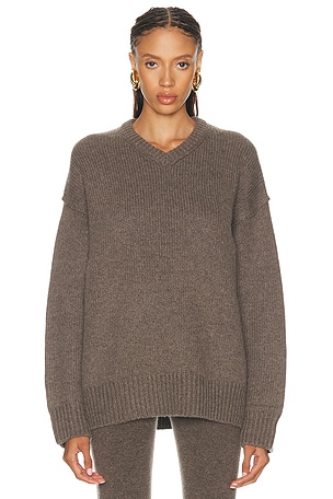 NOUR HAMMOUR Jude V Neck Sweater in Brown