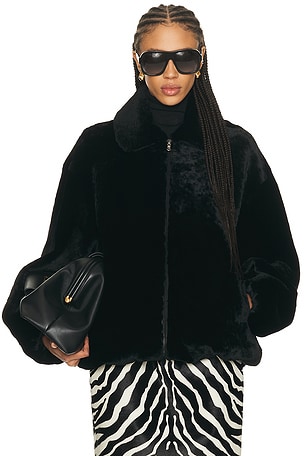 NOUR HAMMOUR Plush Bomber Jacket in Black