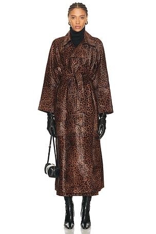 NOUR HAMMOUR Althea Pony Hair Trench Coat in Brown