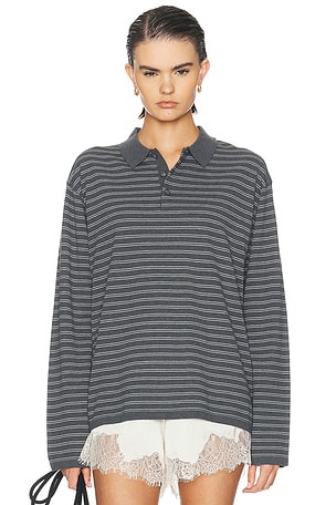 NILI LOTAN Foley Stripe Polo Sweater in Charcoal