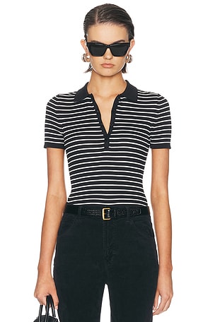 NILI LOTAN Fenna Stripe Polo Top in Black & White