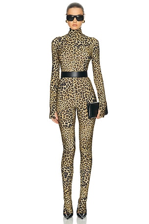 Norma Kamali Long Sleeve Slim Fit Turtle Catsuit With Footie in Brown