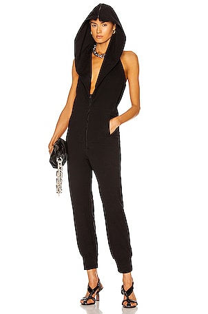 Norma Kamali Halter Zip Hood Hoodie Jog Jumpsuit in Black