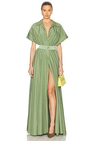 Norma Kamali Super Oversized Sleeveless Boyfriend Shirt Flared Gown in Green