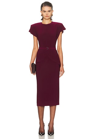 Norma Kamali Cap Sleeve Shoulder Pad Peplum Midcalf Dress in Burgundy