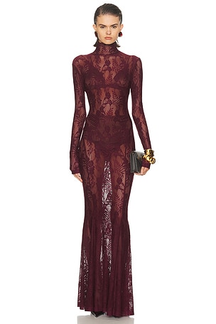 Norma Kamali Long Sleeve Turtleneck Fishtail Gown in Burgundy
