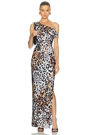 Norma Kamali Drop Shoulder Side Slit Fitted Gown in Brown