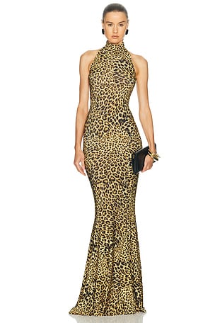Norma Kamali Halter Turtle Fishtail Gown in Brown