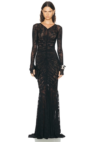 Norma Kamali Shirred Front Fishtail Gown in Black