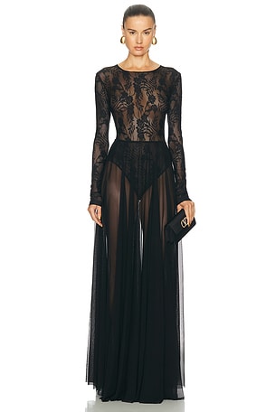Norma Kamali Long Sleeve Crew Flared Gown in Black