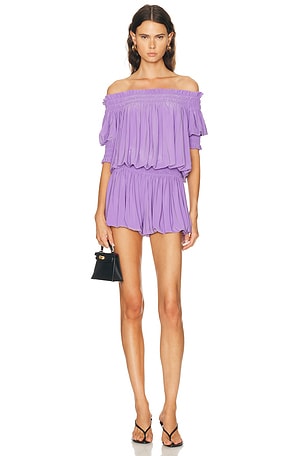 Norma Kamali Short Sleeve Peasant Puff Romper in Lavender