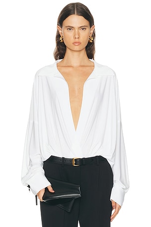 Norma Kamali Super Oversized Boyfriend Shirt Bodysuit in White