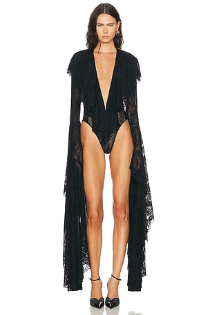 Norma Kamali XL Sleeve Deep V Ruffle Bodysuit in Black